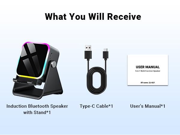 Wireless Induction Audio Speaker Stand, 5in1 Cellphone Holder, 3500mAh Rechargeable Emergency Power Bank,360° Adjustable Mobile Tablet Stand with Colorful Ambient Light Gifts for Men Women