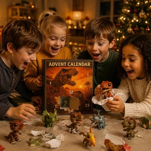 Kids opening dinosaur advent calendar at Christmas