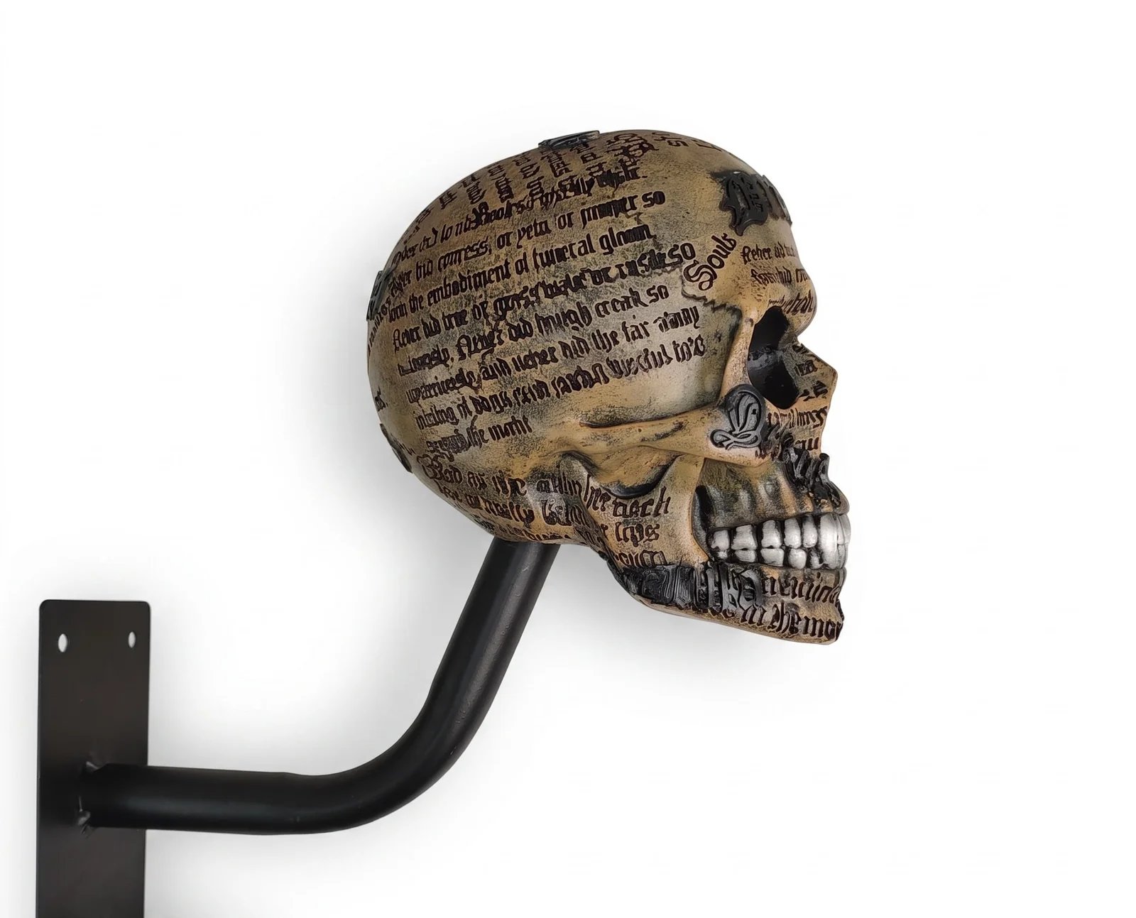 Vintage script skull helmet wall mount