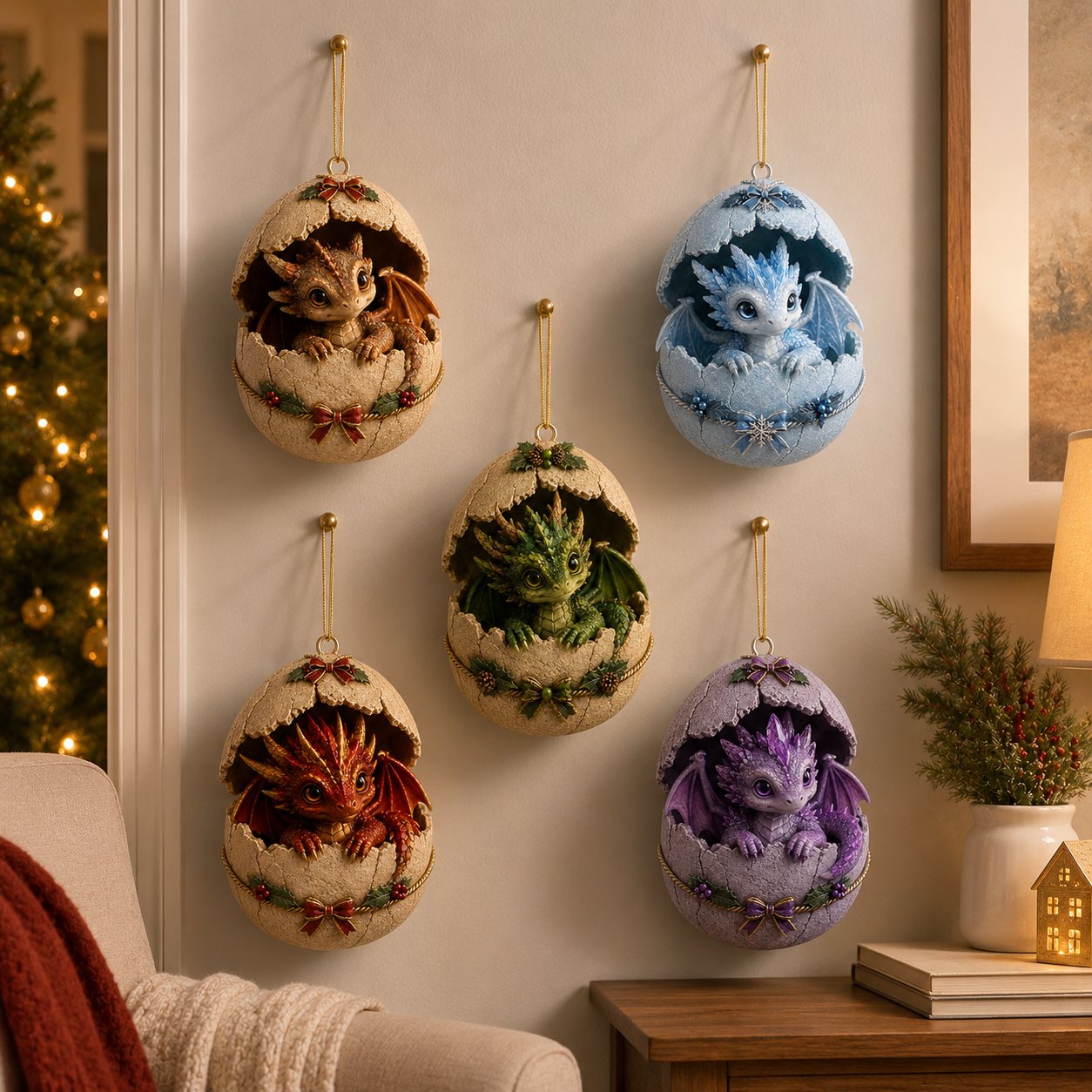Dragon egg ornaments displayed as Christmas decoration
