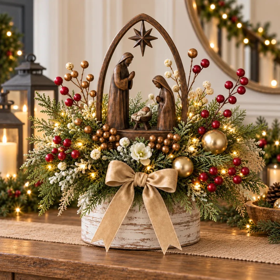 Candlelit Christmas Nativity centerpiece with Holy Family and warm lights