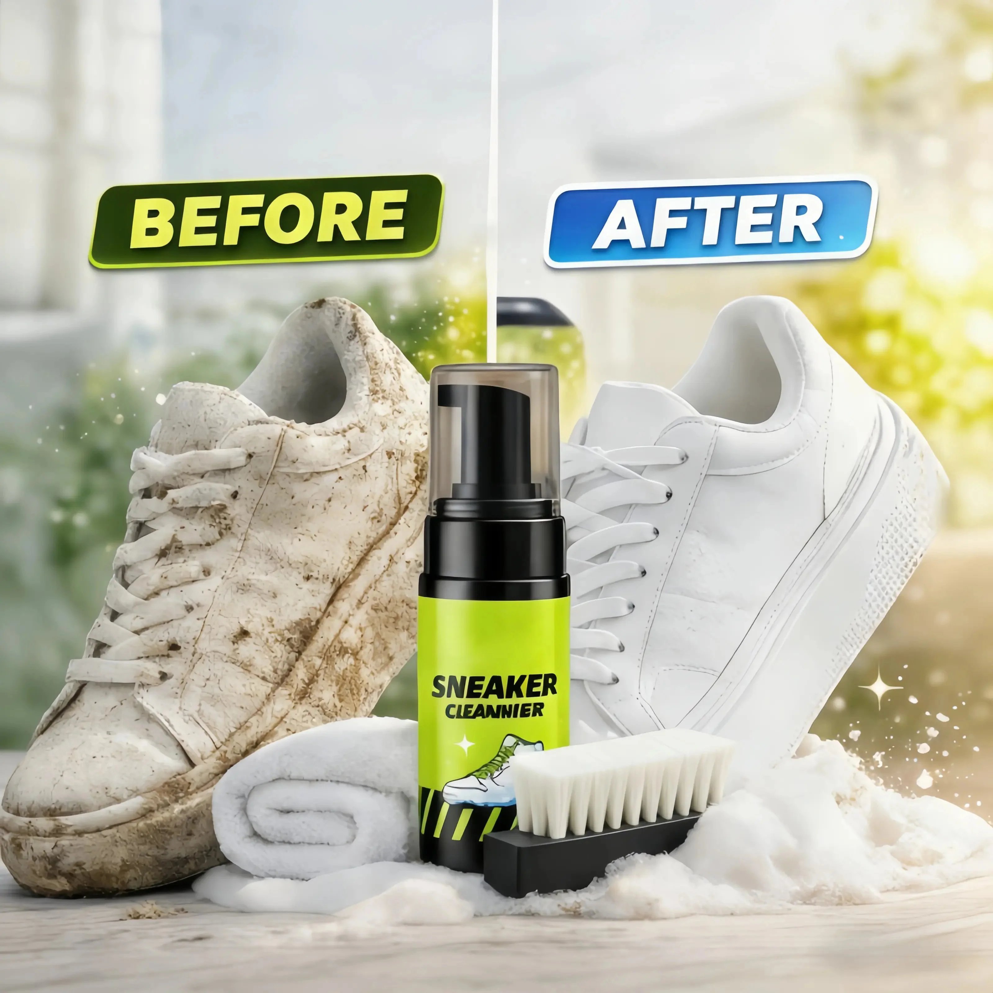 Foam shoe cleaner brush and microfiber towel for sneaker care details