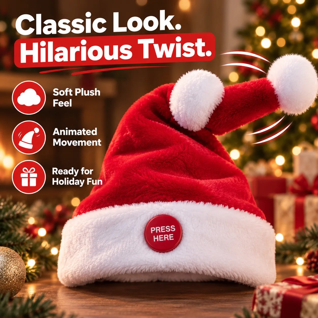 Animated red and white Santa hat with press button