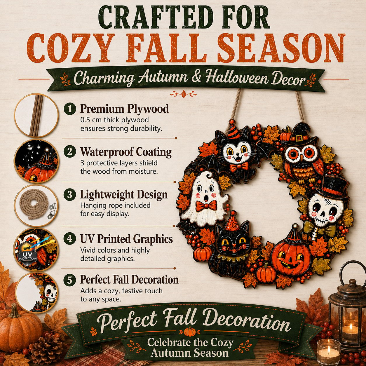Hand-carved 3D Halloween wood sign with raised ghost, cat, owl, and pumpkin details
