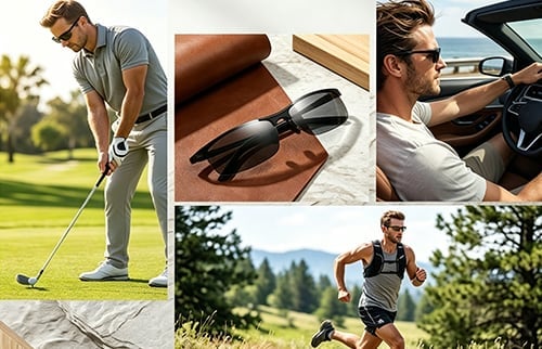 Original seller collage showing outdoor activities and the sunglasses