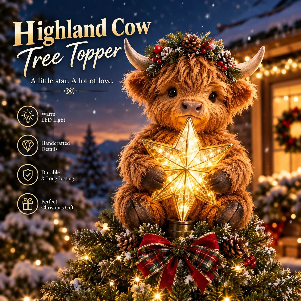 Baby Highland Cow Glowing Star Christmas Tree Topper Baby Highland Cow Glowing Star Christmas Tree Topper