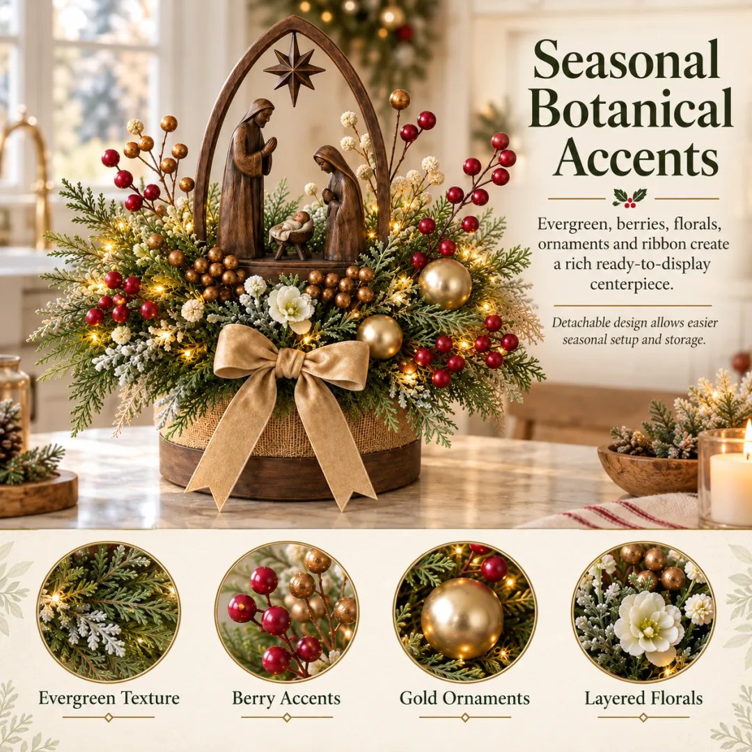 Seasonal botanical accents on the Nativity centerpiece