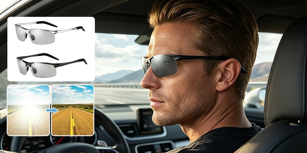 Original seller daytime driving image showing the sunglasses style