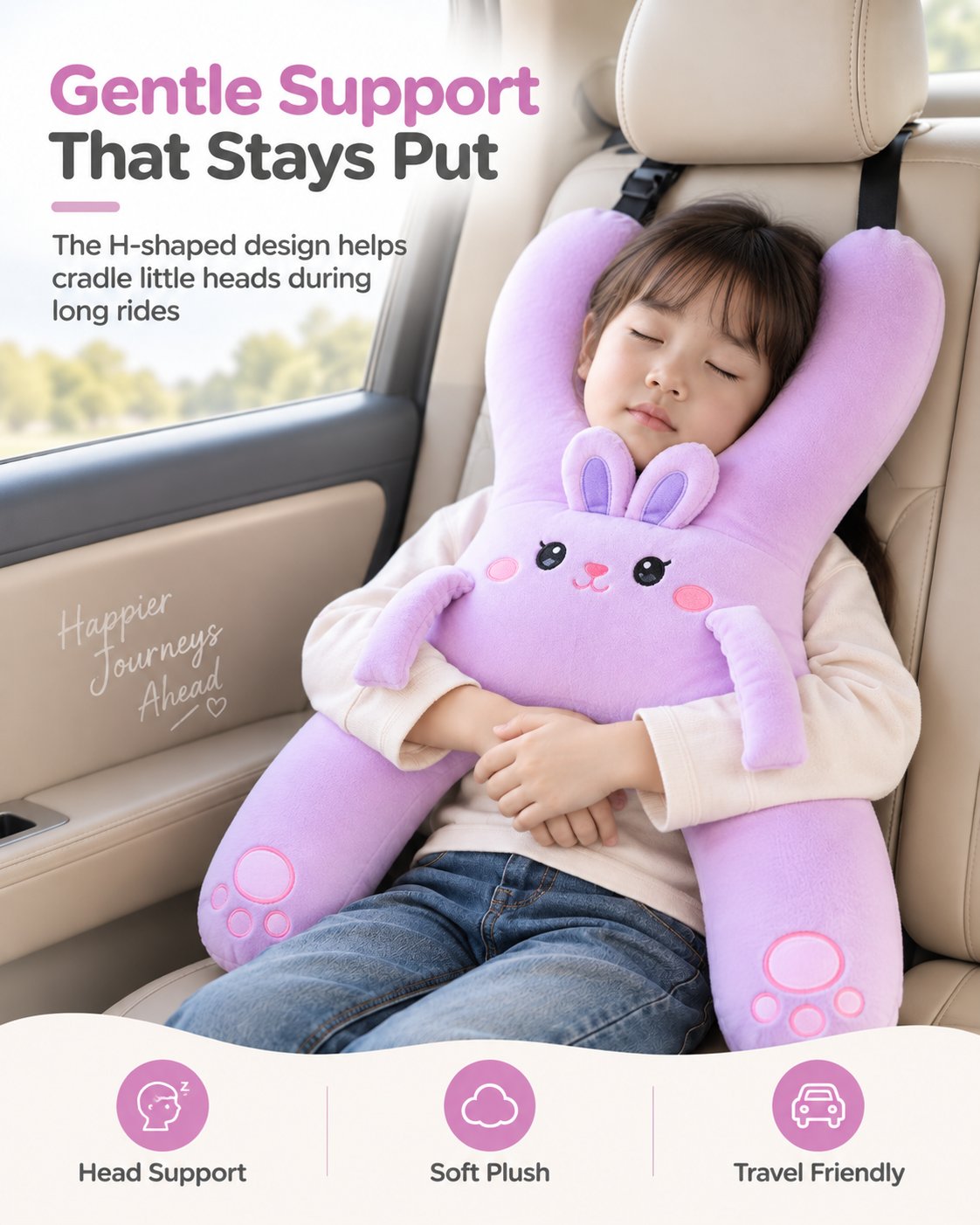 Child travel pillow with plush H-shaped design