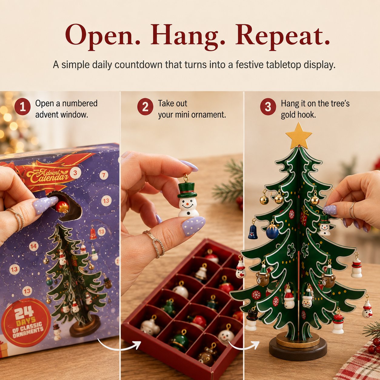 Three-step process for opening an Advent window, revealing a mini ornament and hanging it on the tree