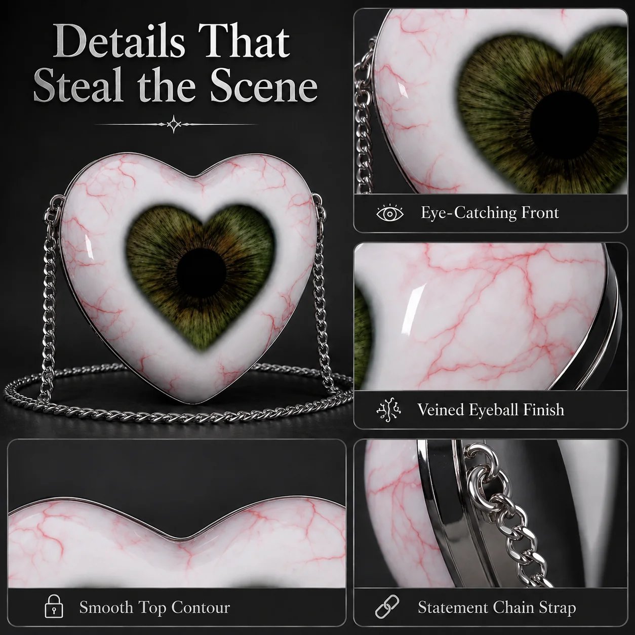Close-up gothic heart eye bag details