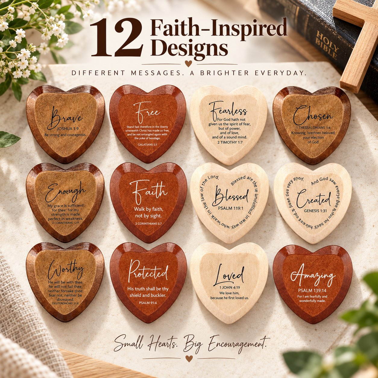 Twelve faith-inspired wooden heart messages
