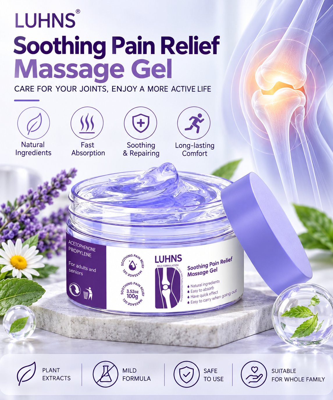 LUHNS soothing massage gel texture and botanical-inspired care