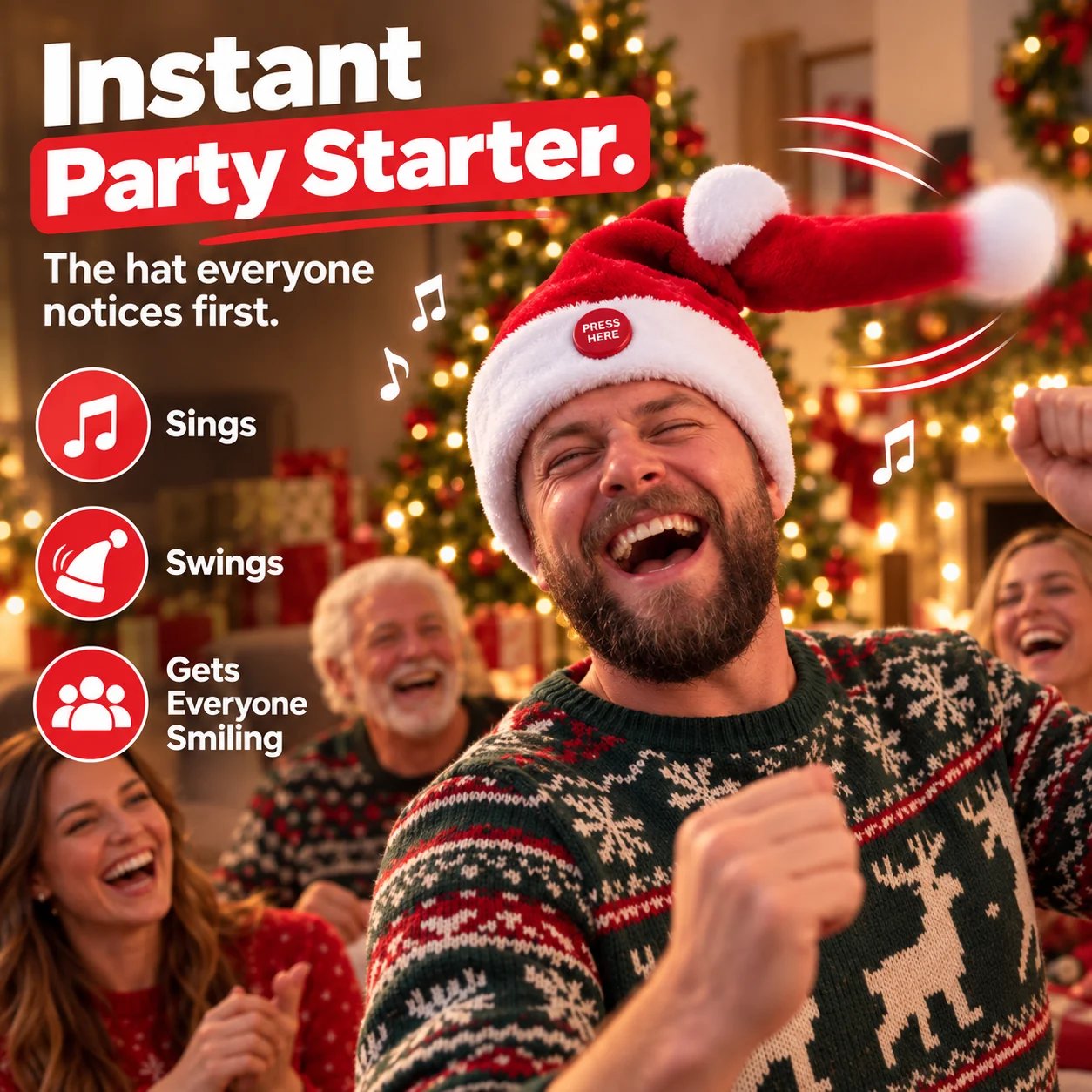 Man laughing in dancing Santa hat at Christmas party