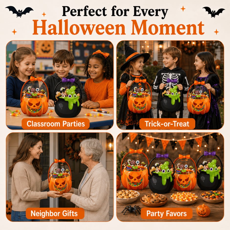 Halloween cauldron candy bag filled with sweets and snacks