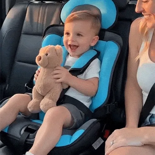 Padded child seat cushion with head and waist support areas