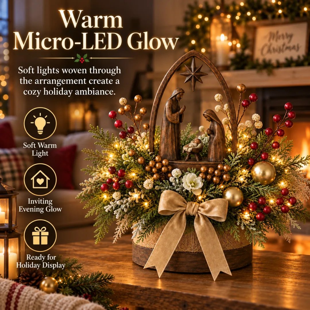 Warm micro LED lights glowing through the Nativity centerpiece