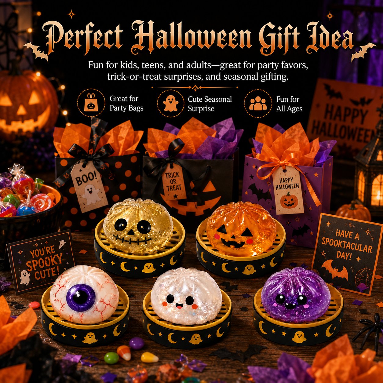 Halloween squishies arranged as seasonal gifts and party favors
