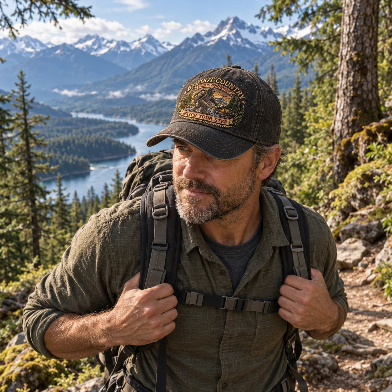 Bigfoot Country Heritage Cap worn on a mountain trail