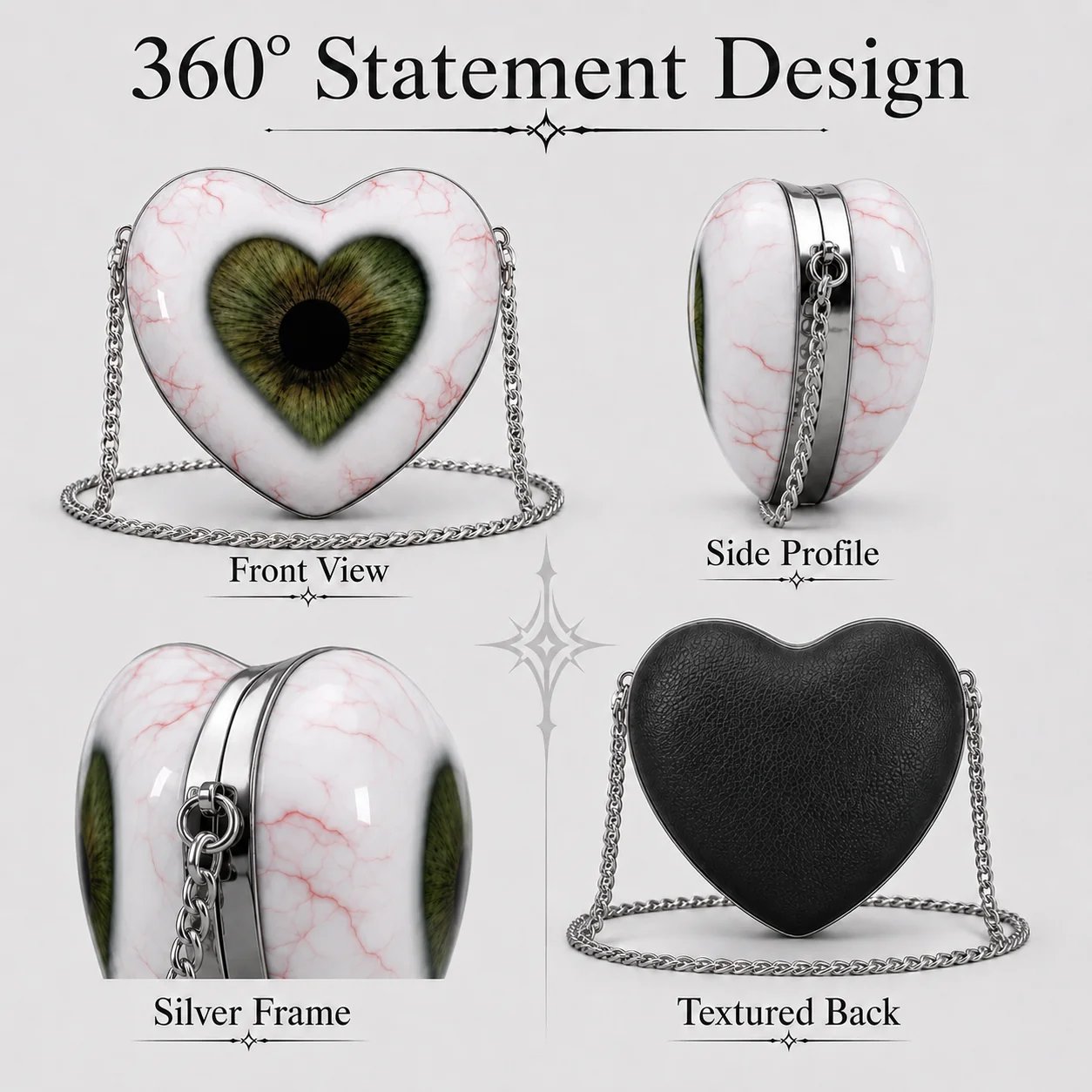 Front side and back views of gothic heart eye crossbody bag