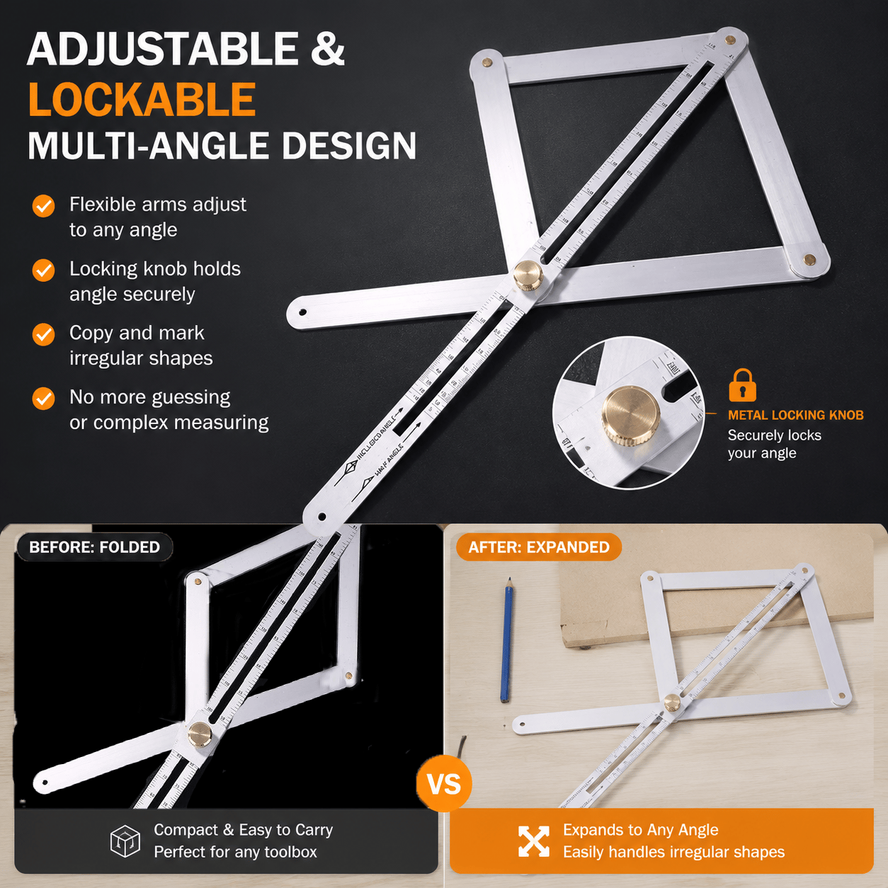 Adjustable lockable multi angle ruler structure