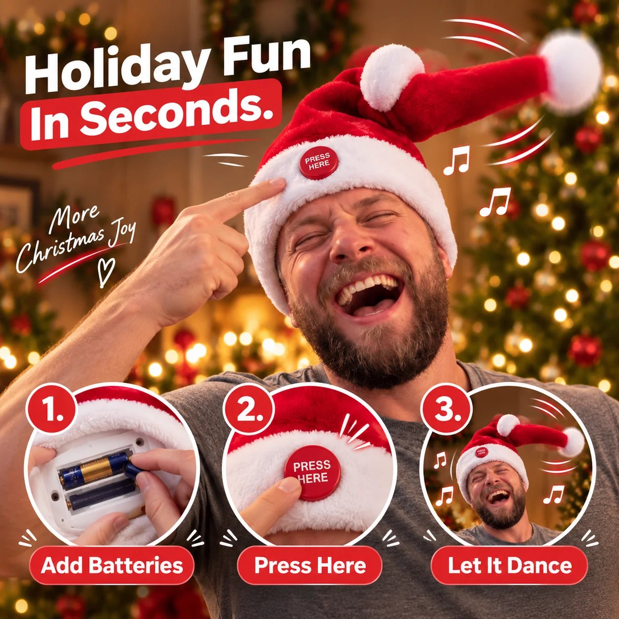 Three steps showing batteries press button and dancing Santa hat