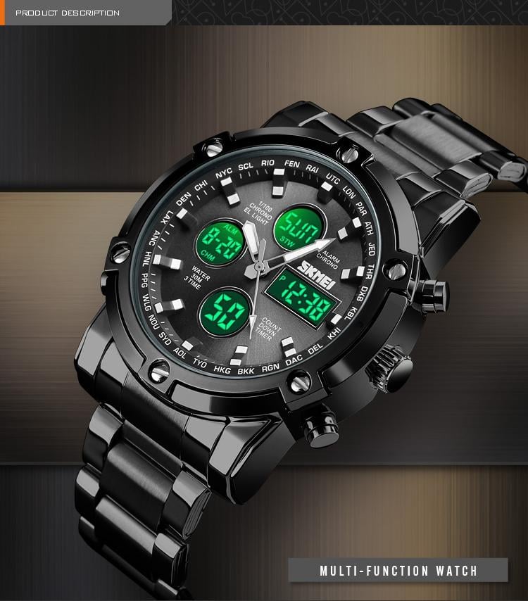 SKMEI Fashion Multi functional Sports Men's Watch, 48Mm Metal Case with 3 Time Zone Night Light 30M Waterproof Stainless Steel Strap, Dual Time Display, Timer, Calendar, Alarm Clock Function Watch Wristwatch SKMEI Fashion Multi functional Sports Men's Watch, 48Mm Metal Case with 3 Time Zone Night Light 30M Waterproof Stainless Steel Strap, Dual Time Display, Timer, Calendar, Alarm Clock Function Watch Wristwatch