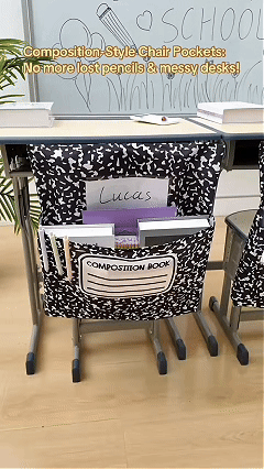 Classroom chair pocket organizer slip on chair storage pouch demo GIF