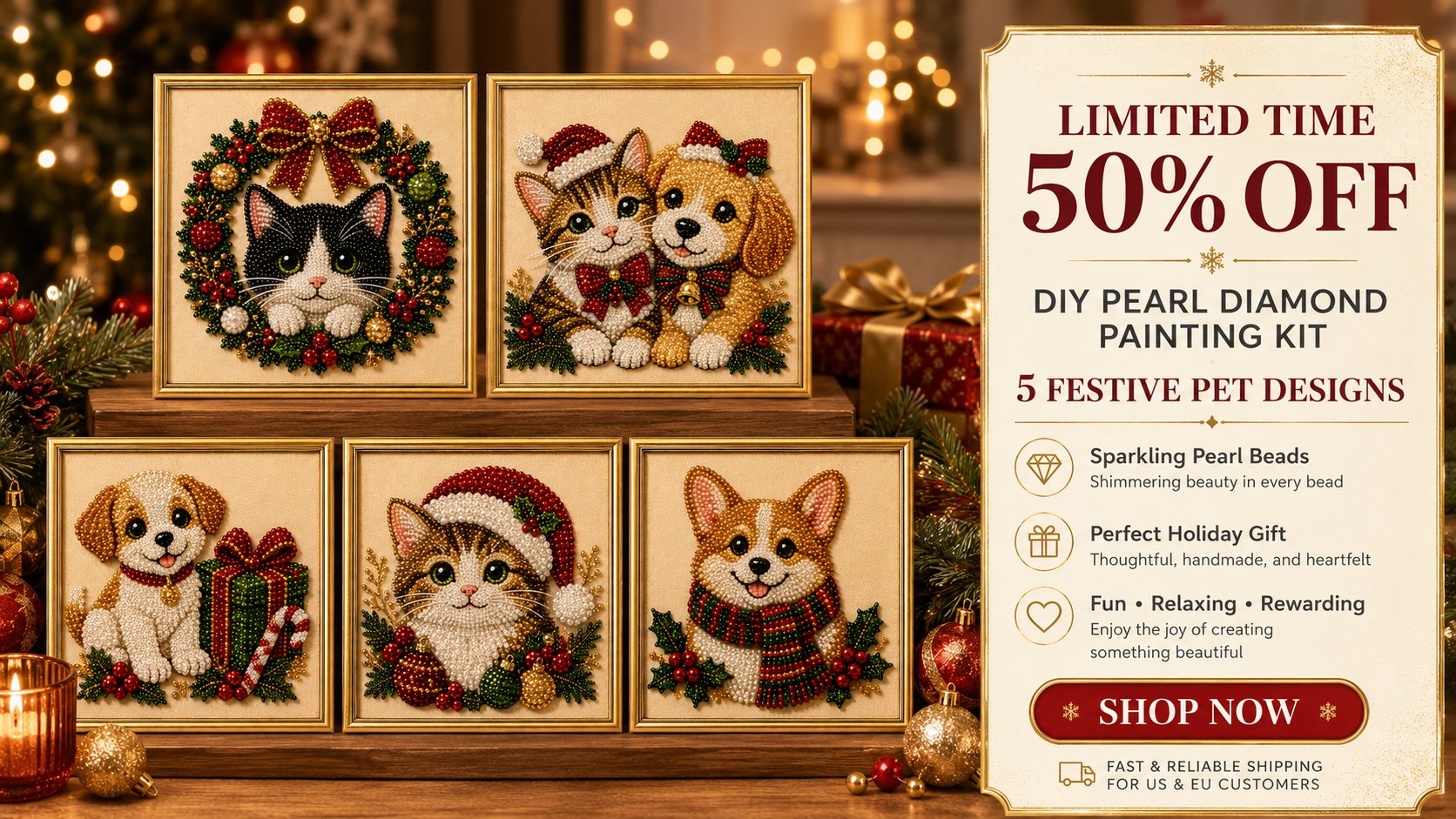 Completed festive pet pearl art displayed in a matching gold frame