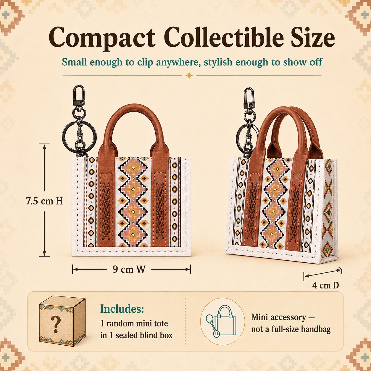 Mini tote dimensions 9 centimeters wide 7.5 centimeters high and 4 centimeters deep