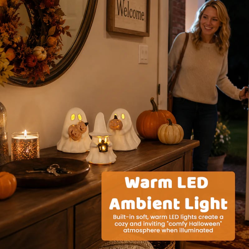 Warm LED ghost ornaments for Halloween ambience