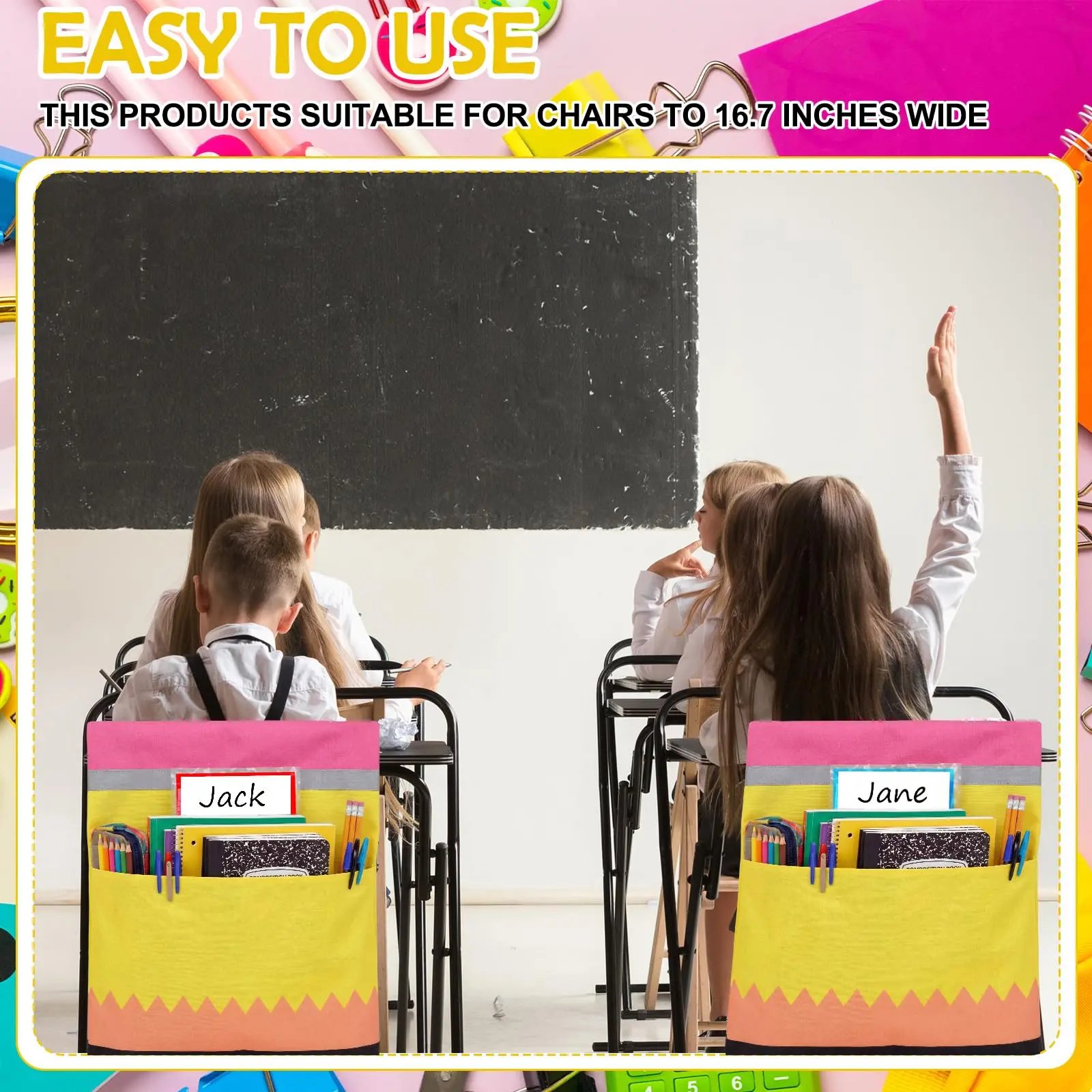 Slip on classroom chair pocket organizer tool free installation on chair back