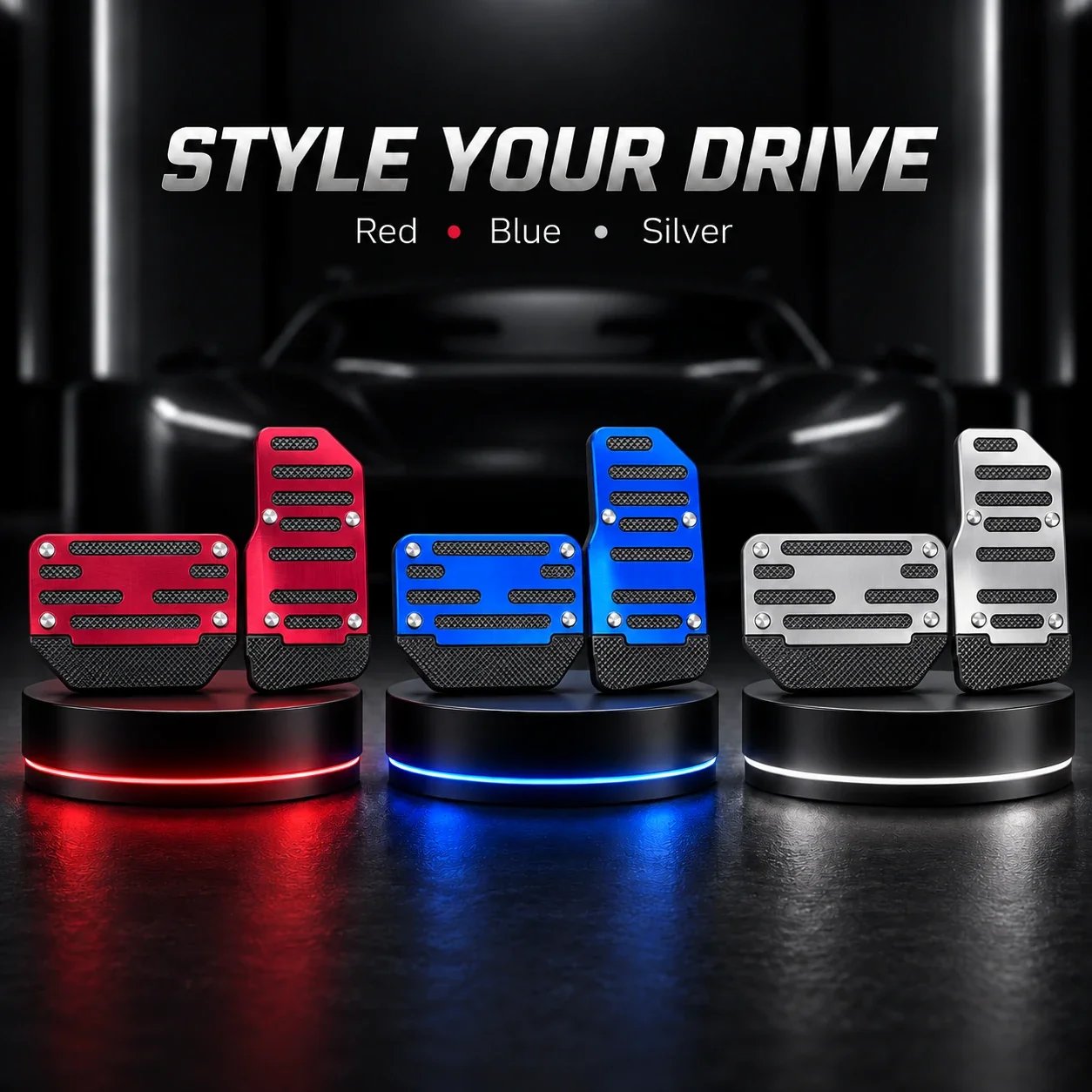 Red blue and silver pedal cover finish options