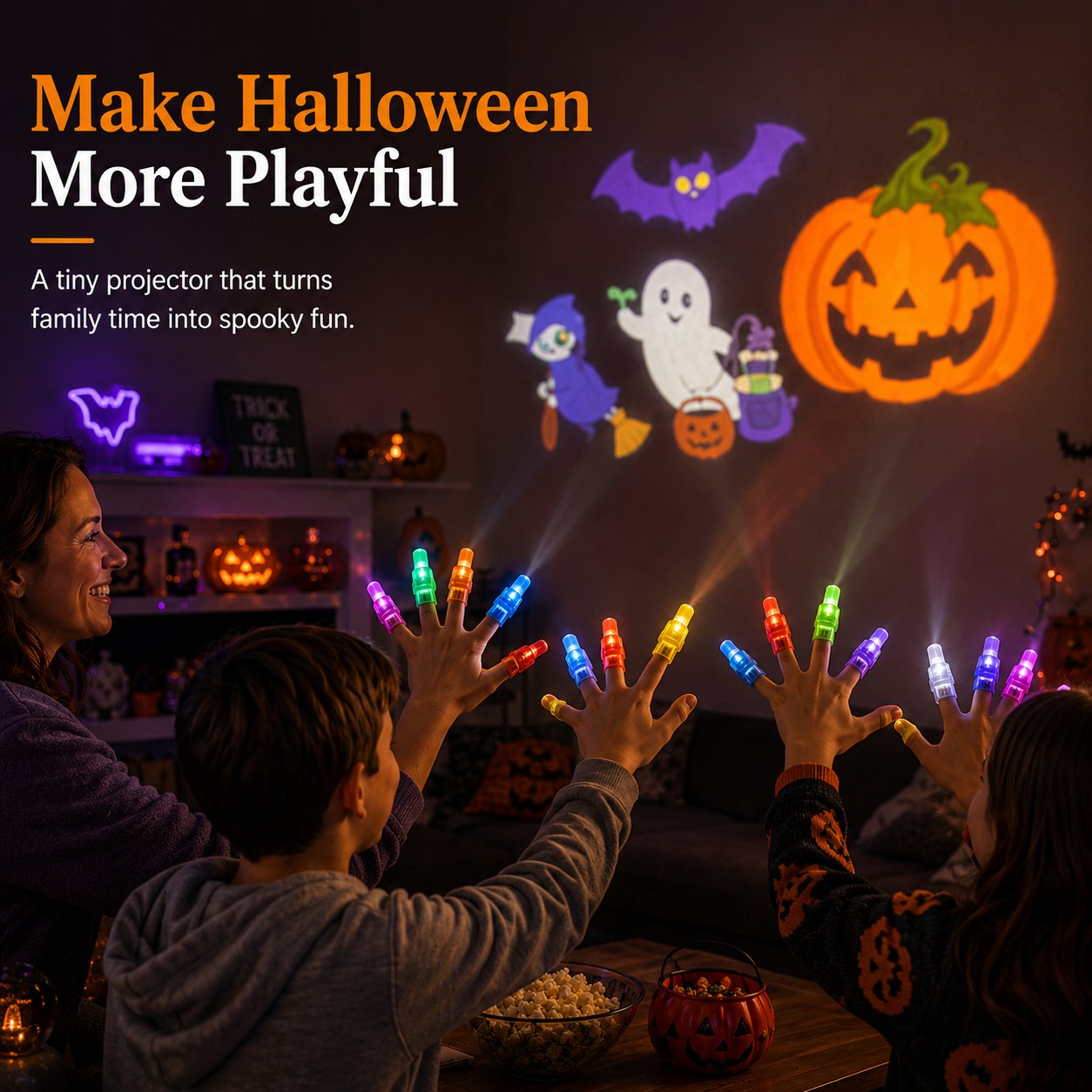 Family using colorful finger projectors together during a Halloween evening at home