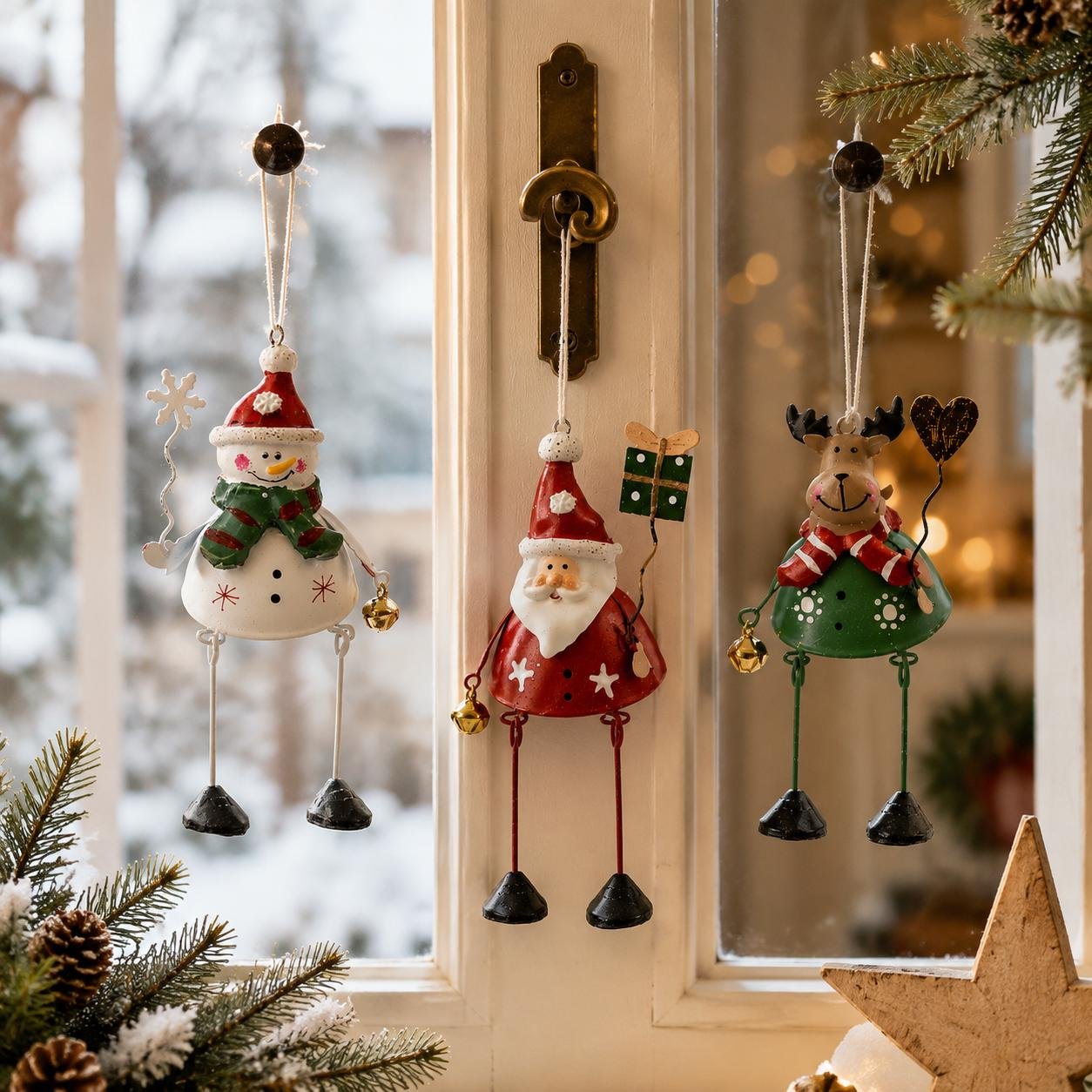 Christmas metal ornaments hanging from cabinet handles