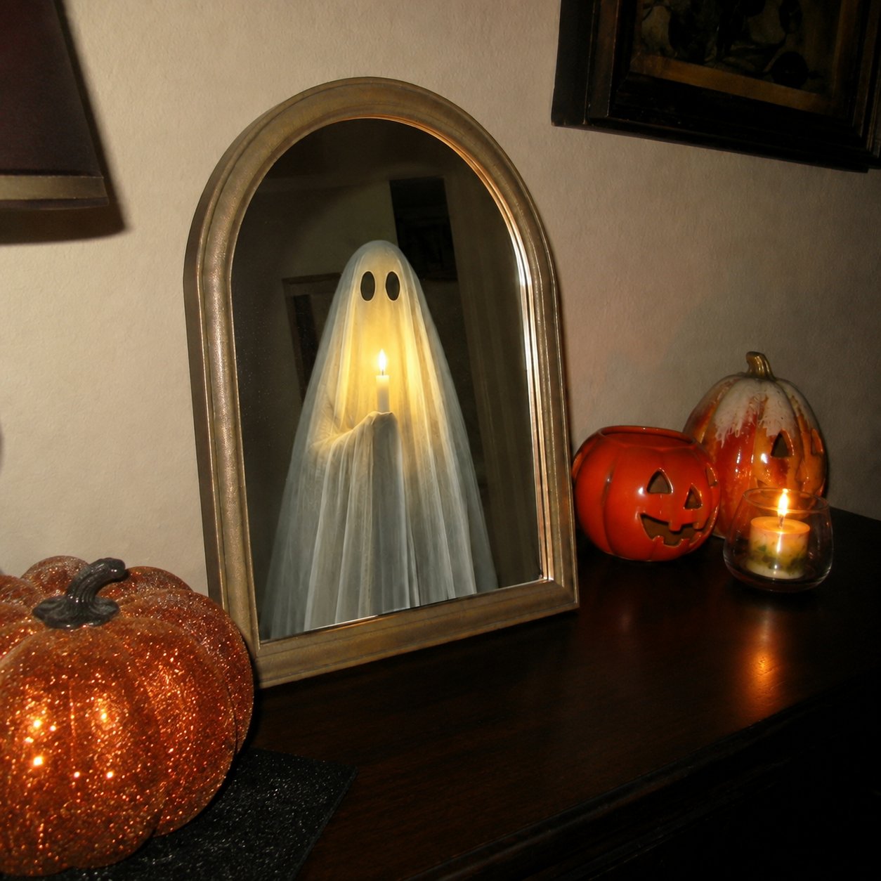 Customer photo of the Halloween ghost mirror glowing indoors