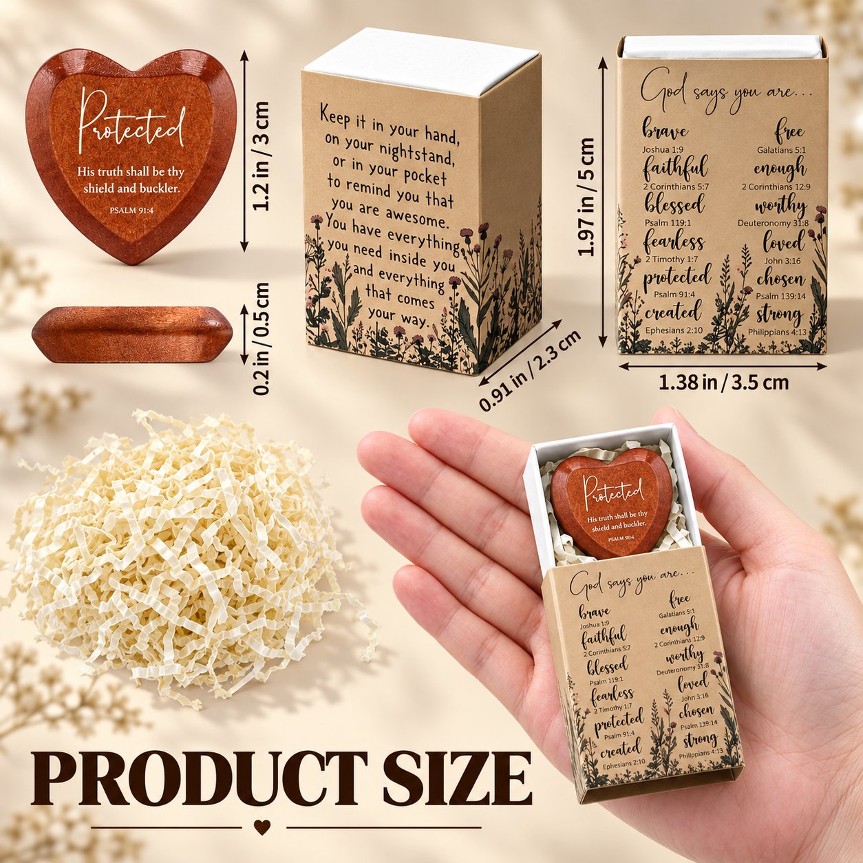 Contents and dimensions of the Christian pocket heart gift set
