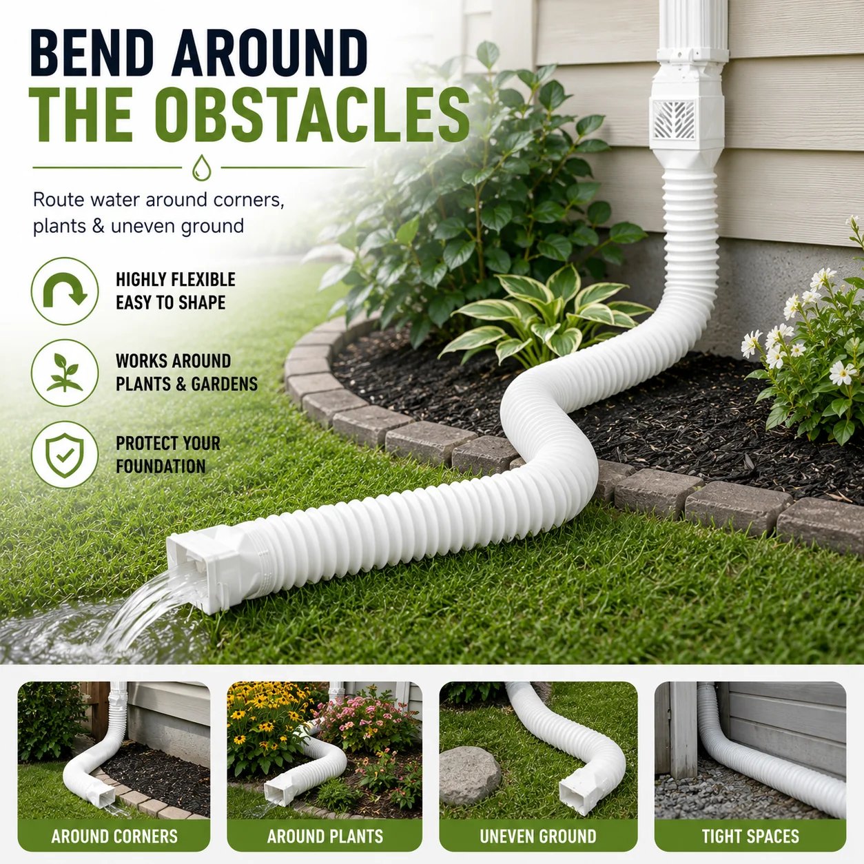 Flexible pipe routed around landscaping Flexible pipe routed around landscaping