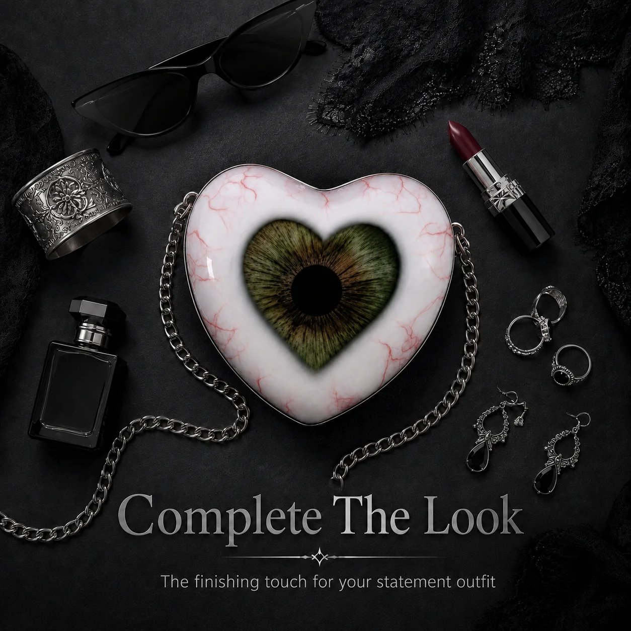 Gothic heart eye bag styled with dark fashion accessories