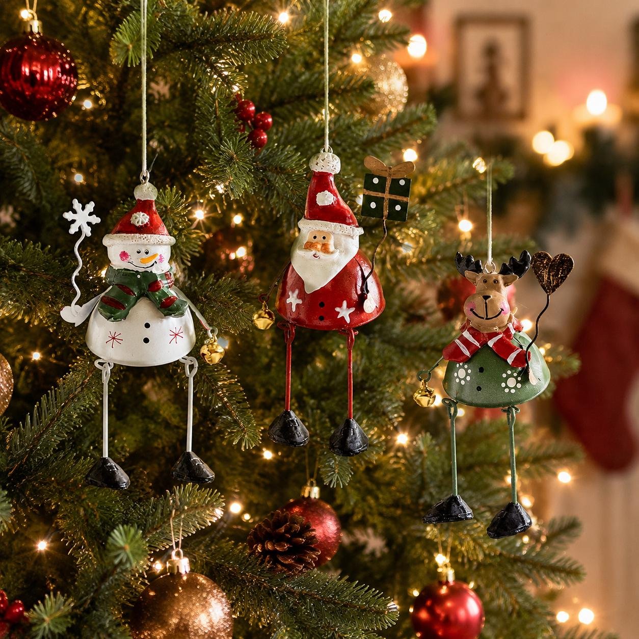 Swinging Santa snowman and reindeer ornaments hanging on Christmas tree