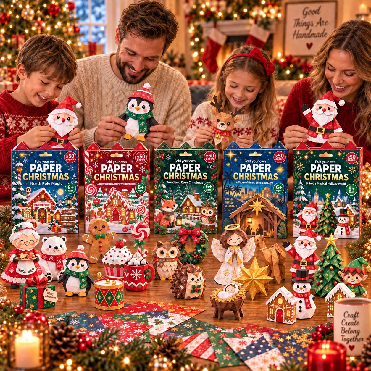 Family creating Paper Christmas crafts together