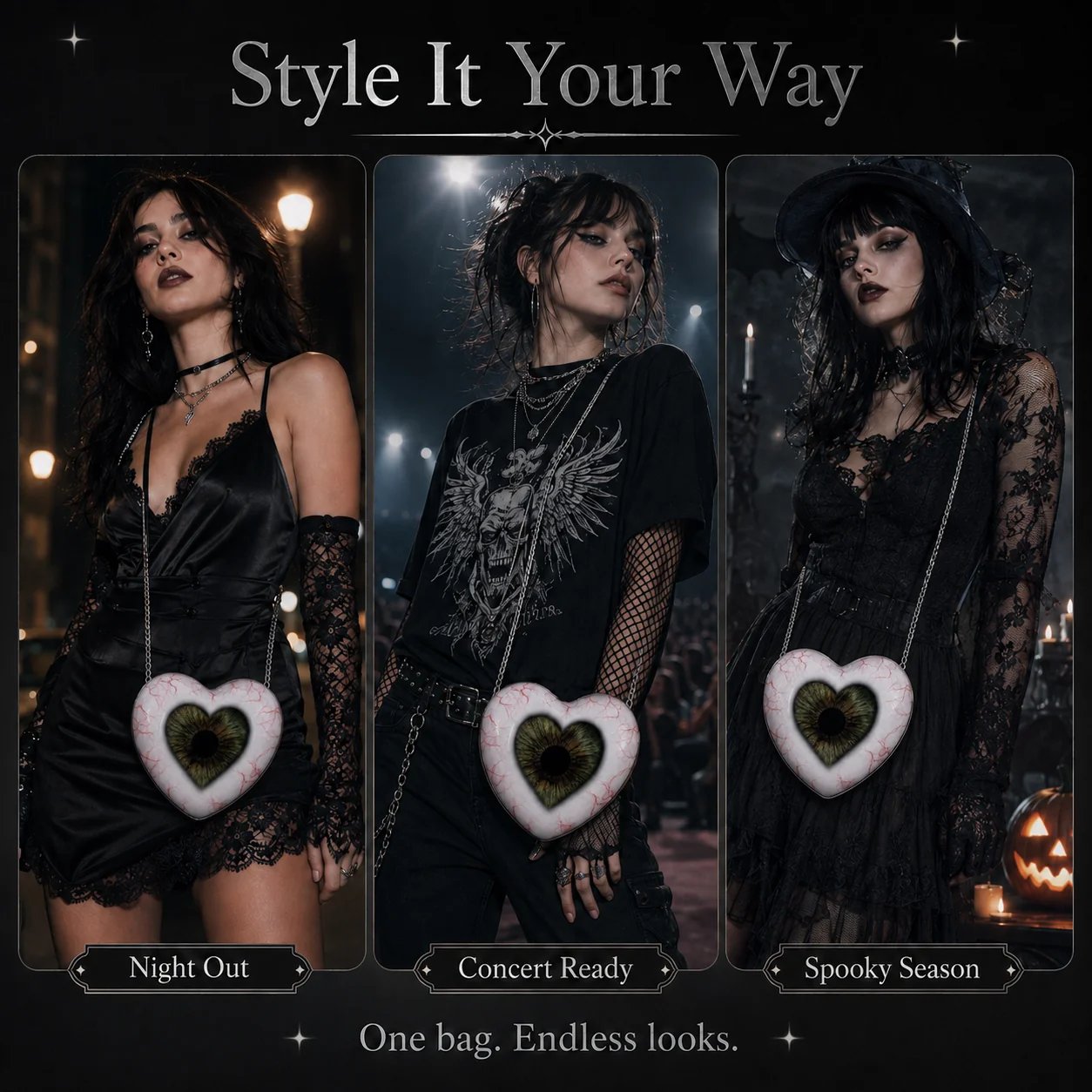 Different outfits styled with gothic heart eye crossbody bag