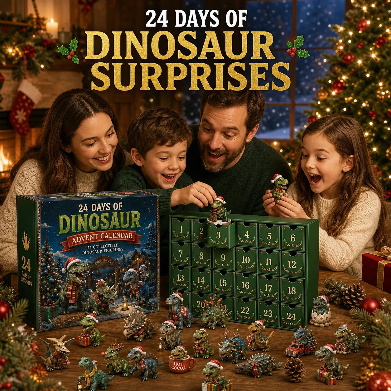 Family enjoying dinosaur Christmas Advent Calendar