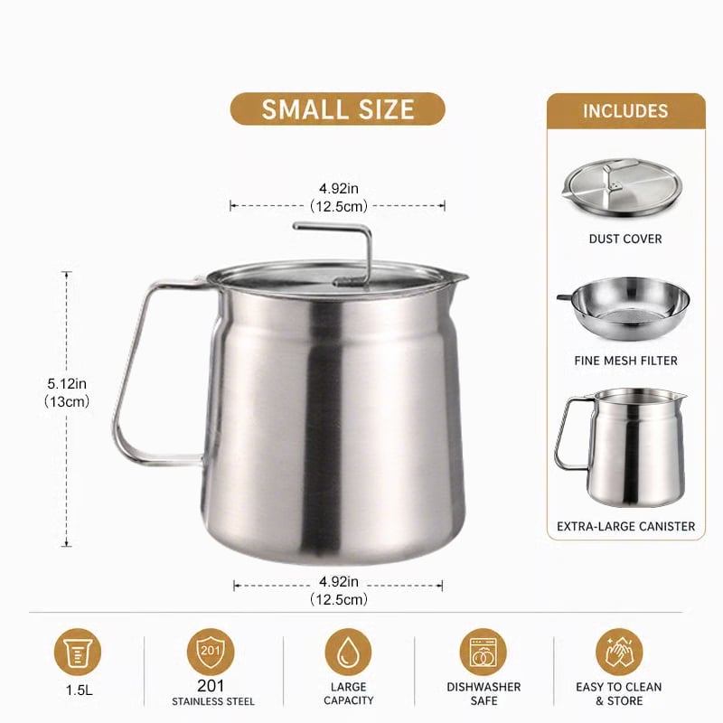 68oz 201 Stainless Steel Deep Fryer Pot with Basket & Strainer, Large Capacity Bacon Grease Container for Kitchen,Frying, Cooking, Camping,Oil Filter Container - Dishwasher Safe - 50 oz/1.5L/1.6qt / Without FRYING BASKET
