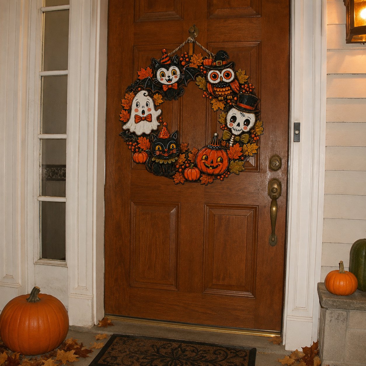 Customer photo of the Halloween wooden door hanger on a front door