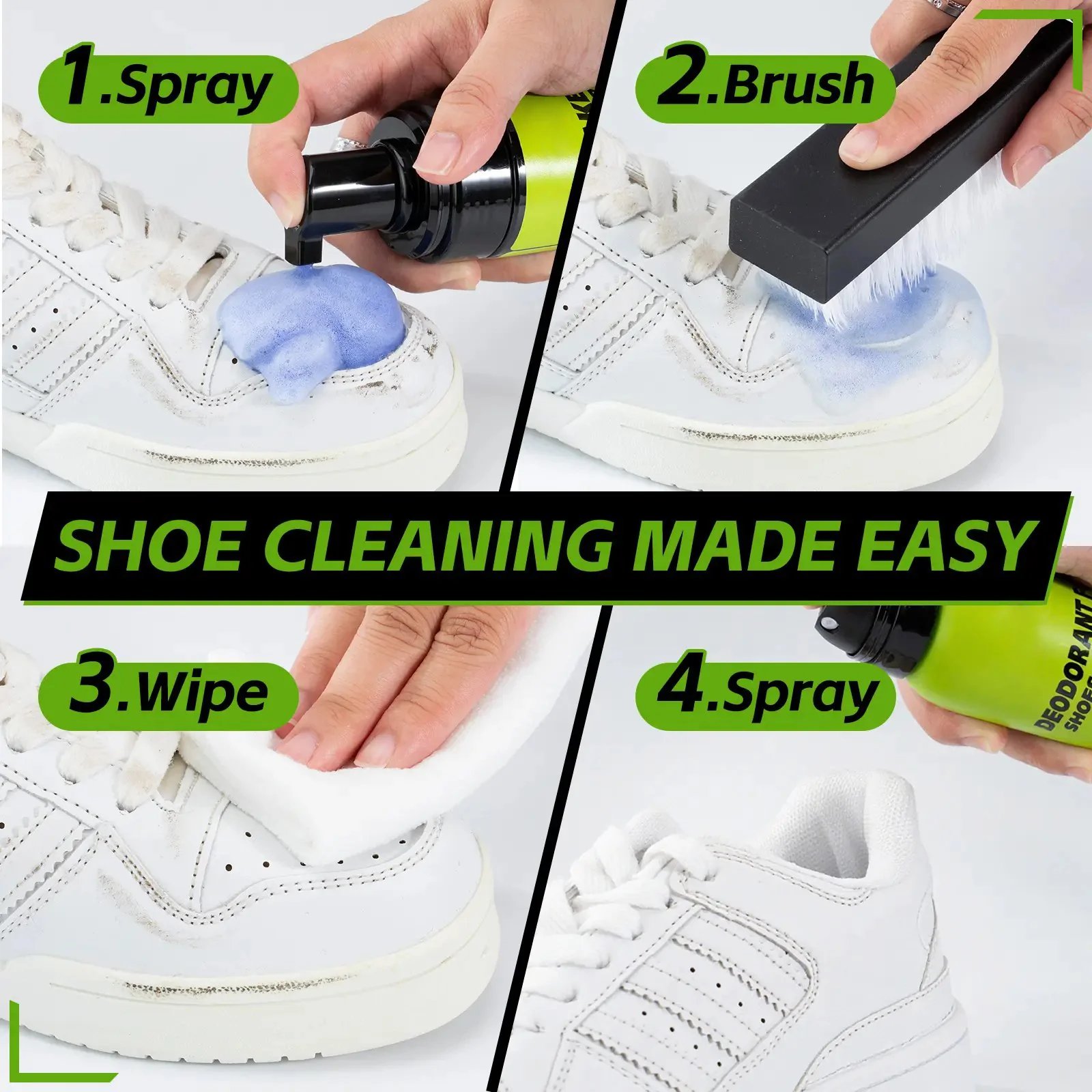 Foam shoe cleaning kit for maintaining clean sneakers and casual footwear