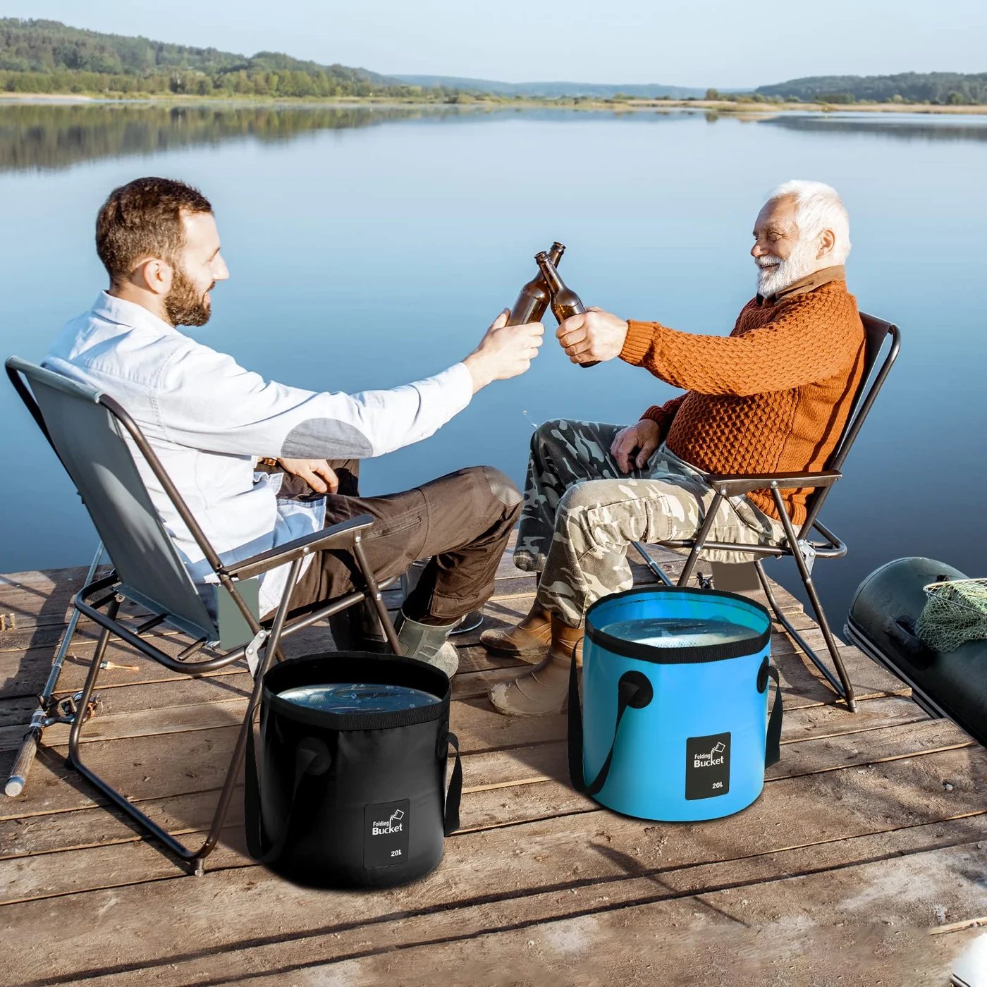 Portable foldable bucket used during a fishing trip Portable foldable bucket used during a fishing trip