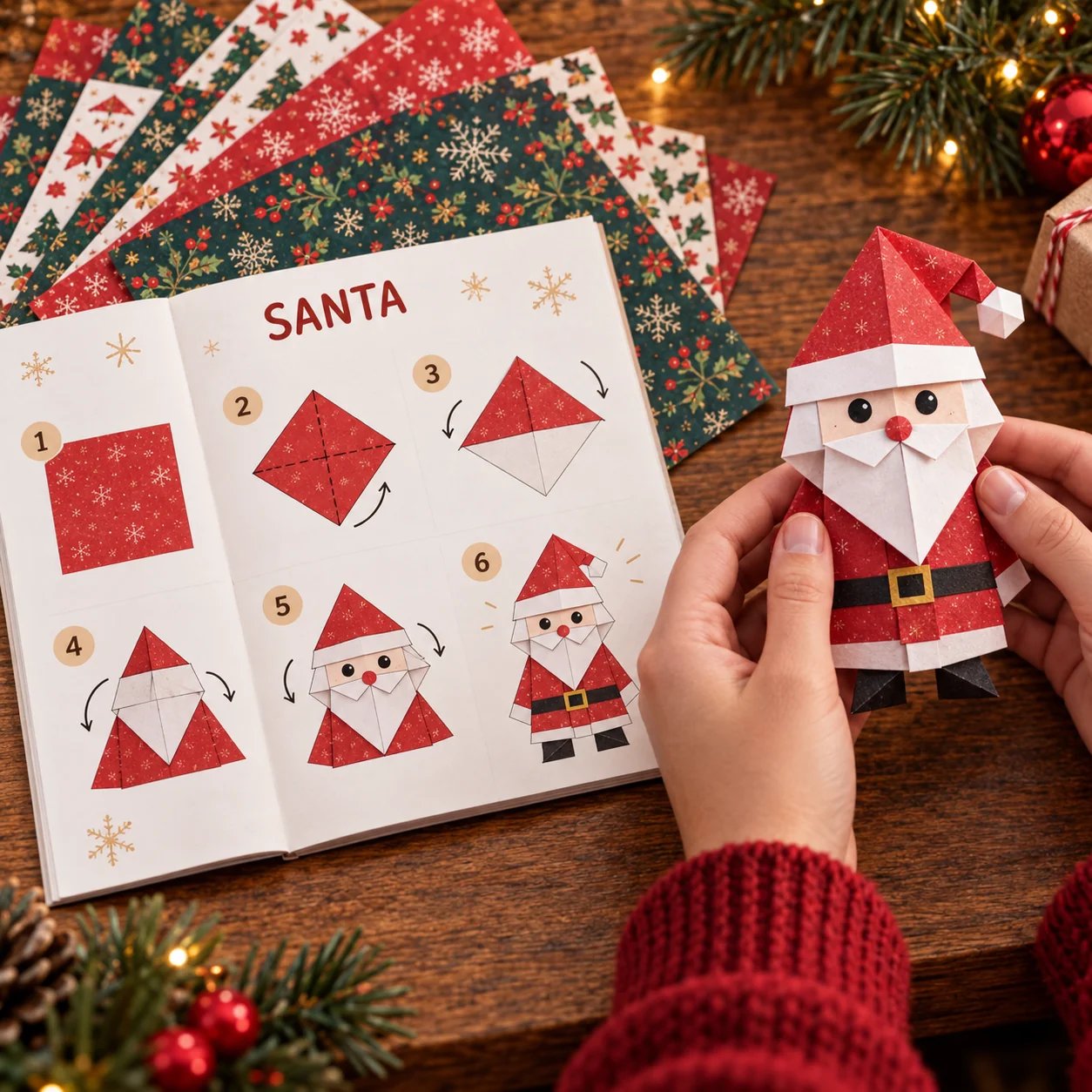 Hands folding a Santa paper craft while following step by step instructions