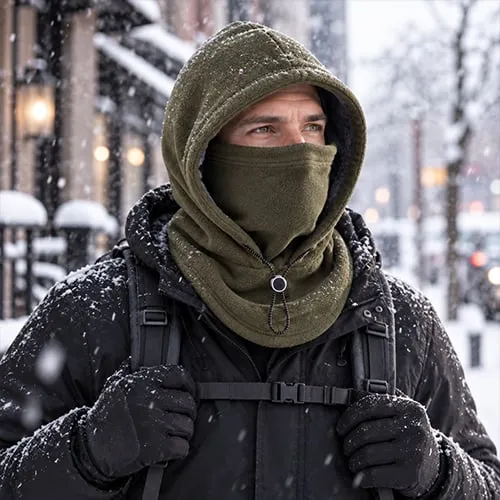 Man wearing an olive integrated winter hat on a snowy city street