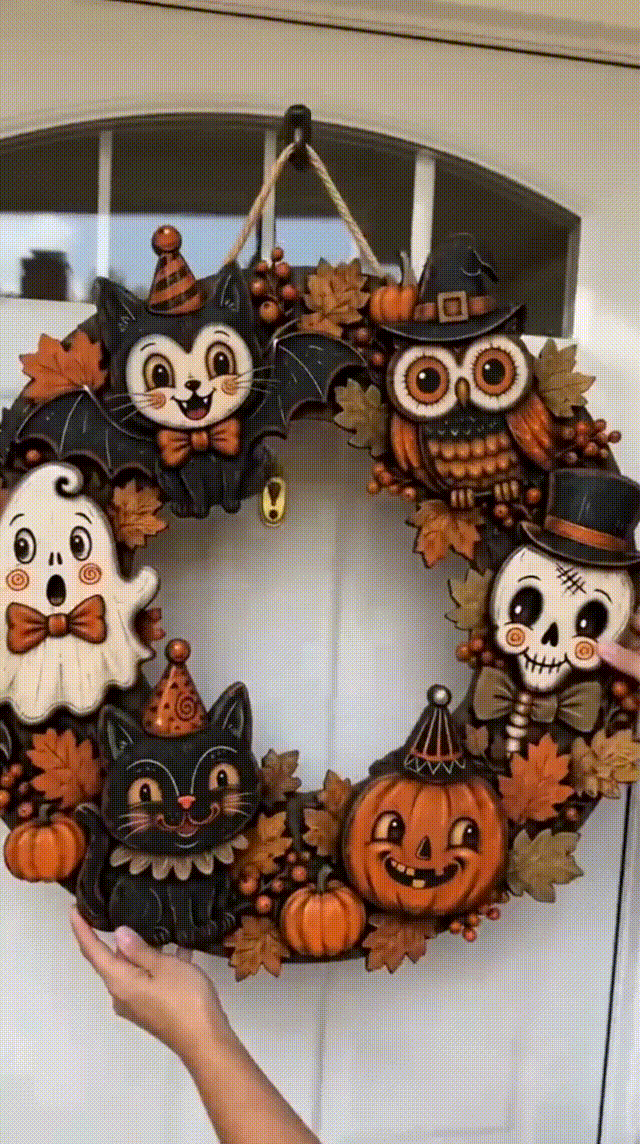 Hand-carved 3D Halloween wooden door hanger with layered spooky characters